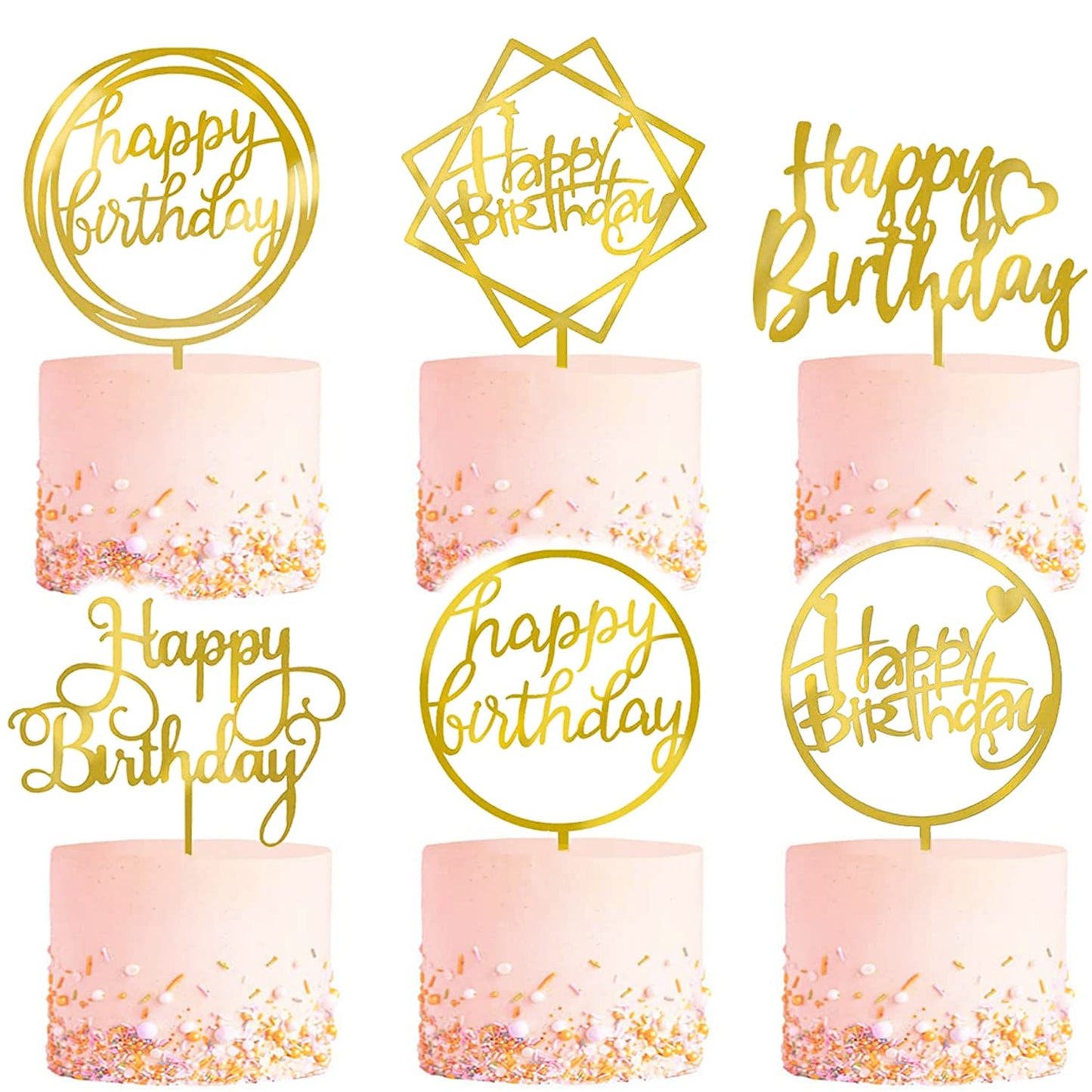 6-Pack Gold Cake Topper Set, Double-Sided Glitter, Acrylic Happy Birthday Cupcake Toppers, Birthday Decorations for Children or Adults.