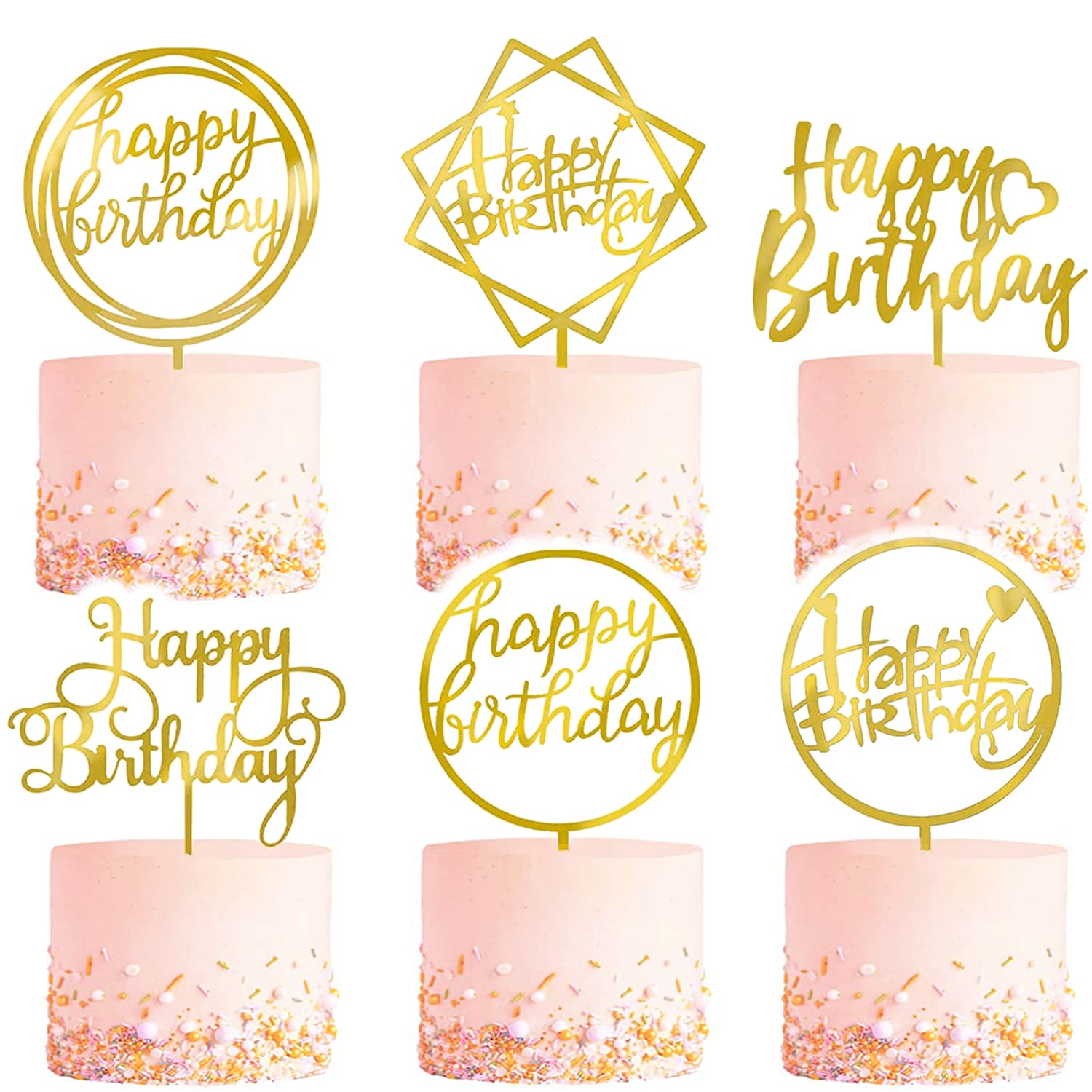 6-Pack Gold Cake Topper Set, Double-Sided Glitter, Acrylic Happy Birthday Cupcake Toppers, Birthday Decorations for Children or Adults.