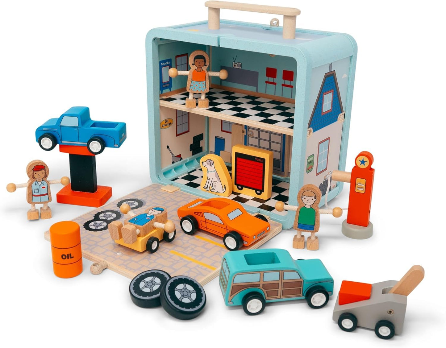 Jack Rabbit Creations Auto Garage Suitcase Playset, Portable Carry Case Style, Multicolor, 16 Eco-Friendly Wooden Figures, Mechanics, Cars & Car