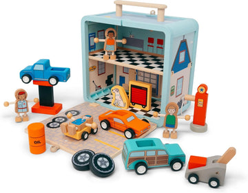 Jack Rabbit Creations Auto Garage Suitcase Playset, Portable Carry Case Style, Multicolor, 16 Eco-Friendly Wooden Figures, Mechanics, Cars & Car