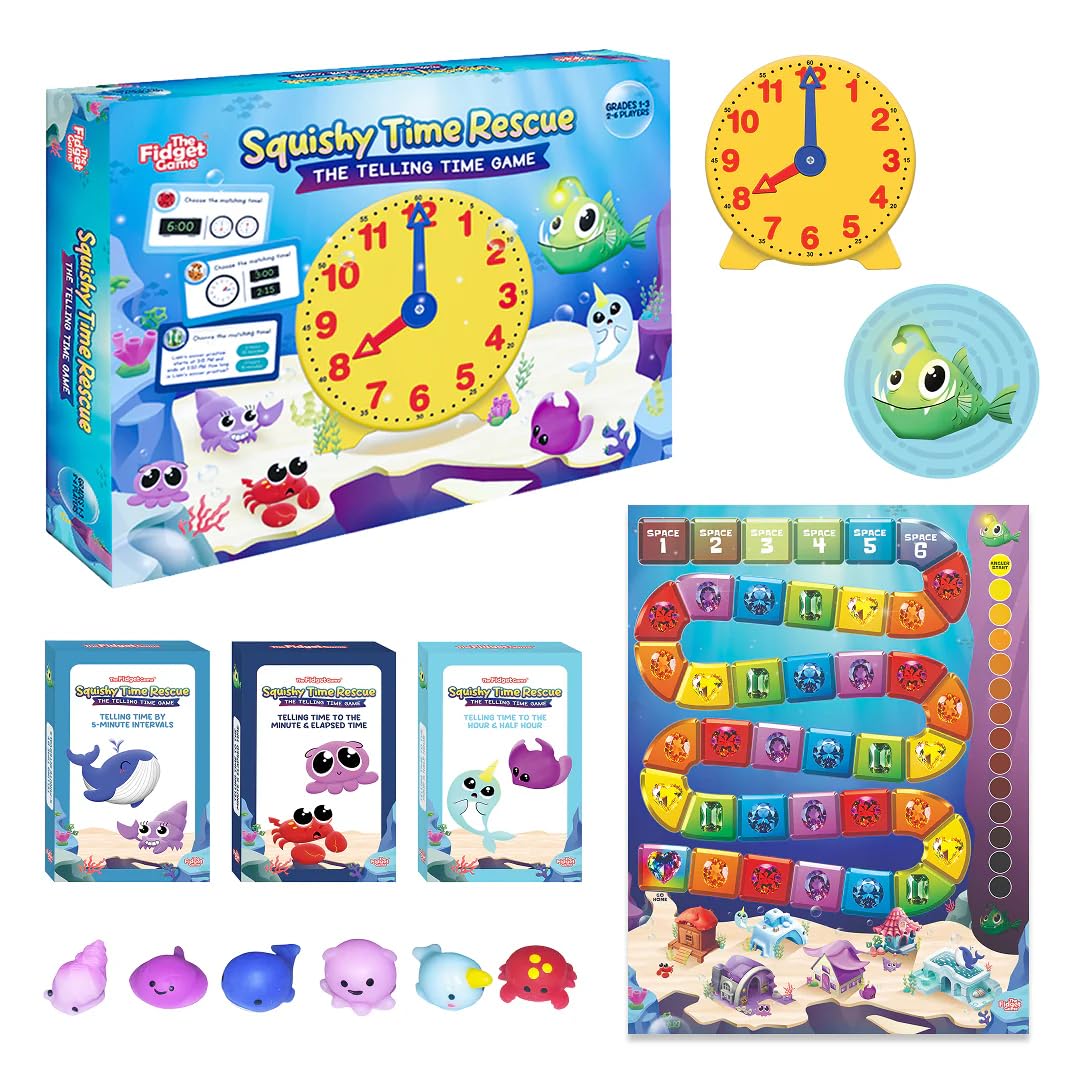 The Fidget Game Squishy Time Rescue - Telling Time Game for Kids Ages 6-11 | Multisensory Hands-On Learning Board Game with Manipulatives | Classroom