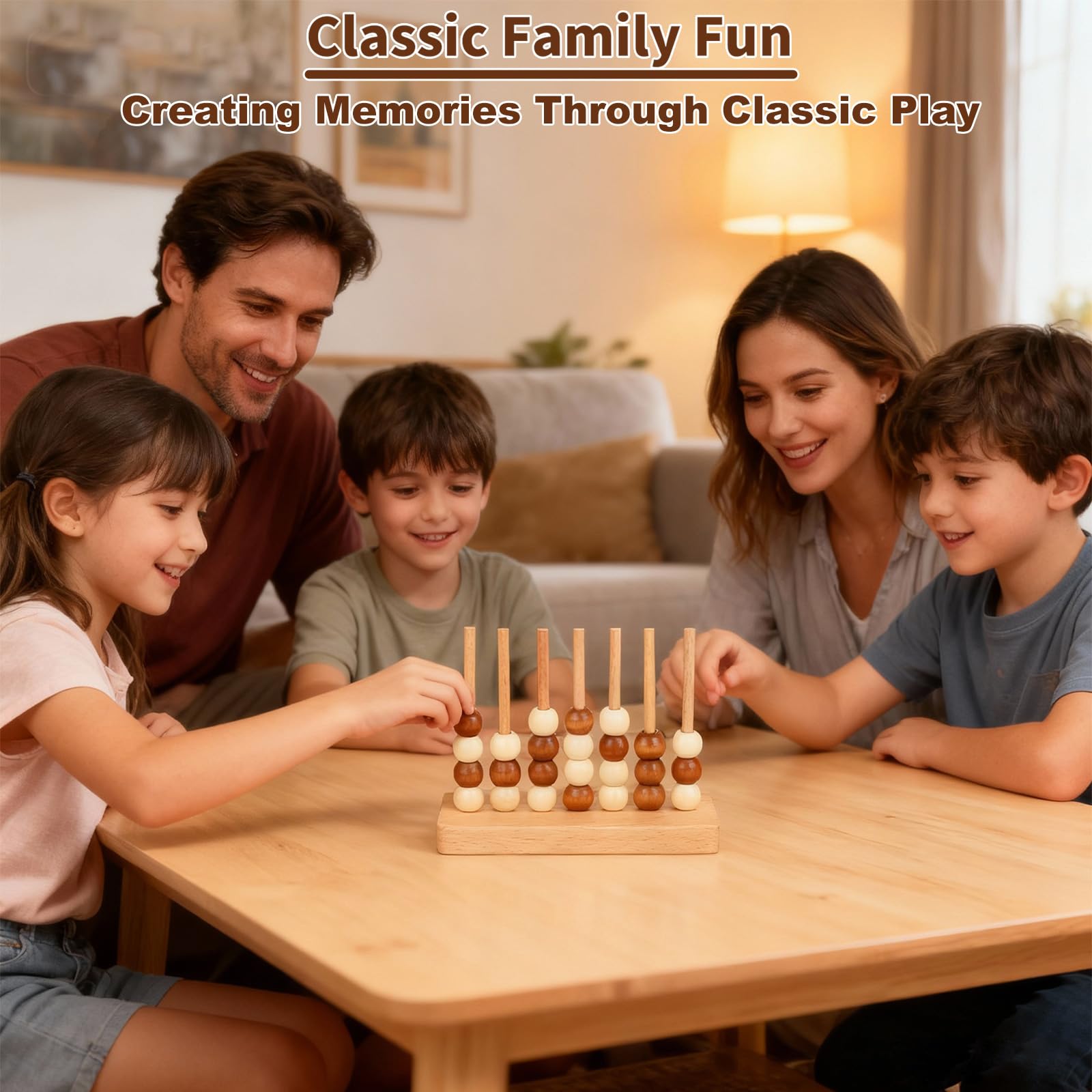 Pefacy 4-in-a-Row Game, Wooden Strategy Board Game, Portable Travel Games 2-Player for Kids Ages 3+, Classic Family Tabletop Games with Storage Bag