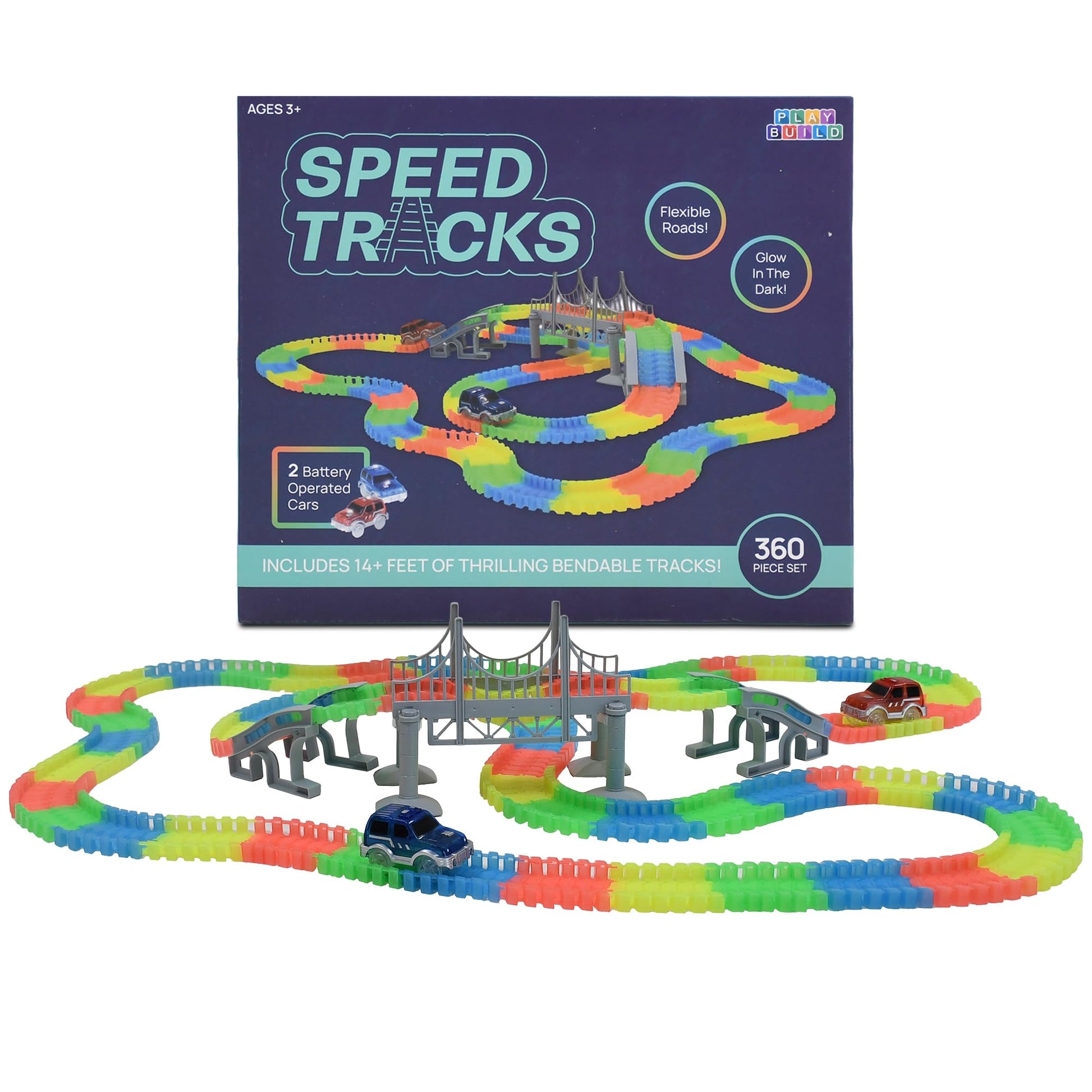 Play Build Speed Tracks Flexible Race Track Set - 360 Piece Bendable Glow in The Dark Race Track for Kids with 2 LED Toy Race Cars & Bridge - 14+ Ft