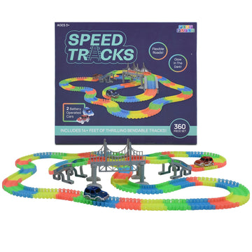 Play Build Speed Tracks Flexible Race Track Set - 360 Piece Bendable Glow in The Dark Race Track for Kids with 2 LED Toy Race Cars & Bridge - 14+ Ft