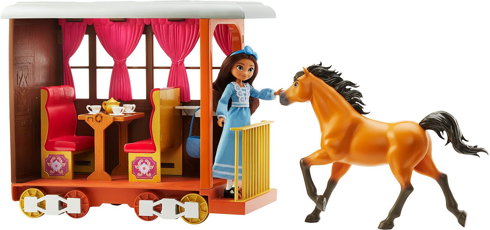 Mattel Spirit Untamed Lucky’s Train Home Playset, Train with Rolling Wheels Balcony, Dining Accessories, Lucky Doll (7-in), Spirit (Approx.8-in) &