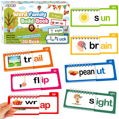 Word Family Build Book, 30 Read and Rhyme Flip Activity Book, ABC Vocabulary Flash Cards CVC Words Reading Games for Kids Ages 3-8 Preschool Learning