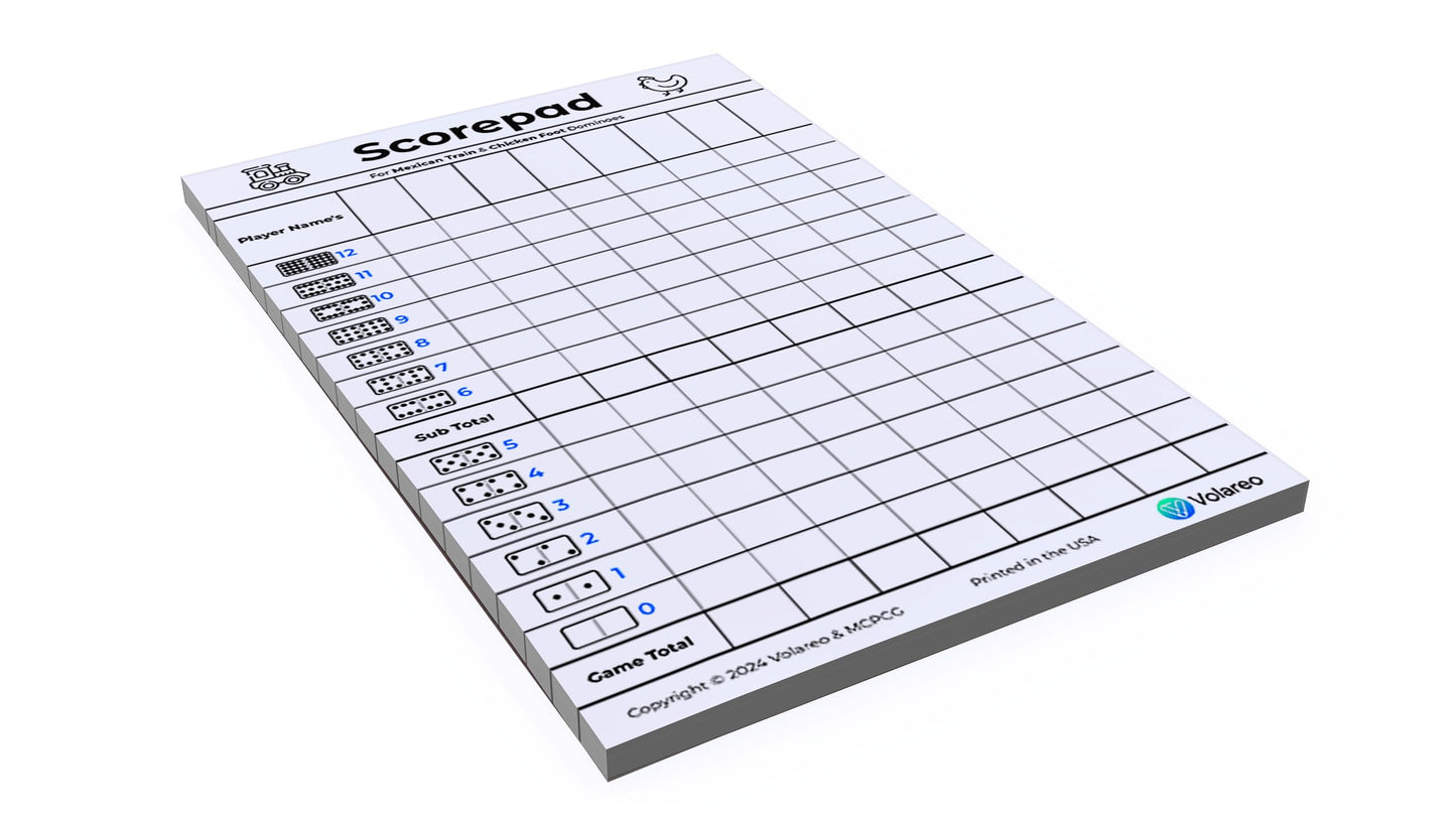 Volareo Mexican Train and Chicken Foot Dominoes Score Pad - 100 Scoring Sheets per Scorepad, 8.5 x 5.5 Inches - Score Sheets for Double 12 Domino