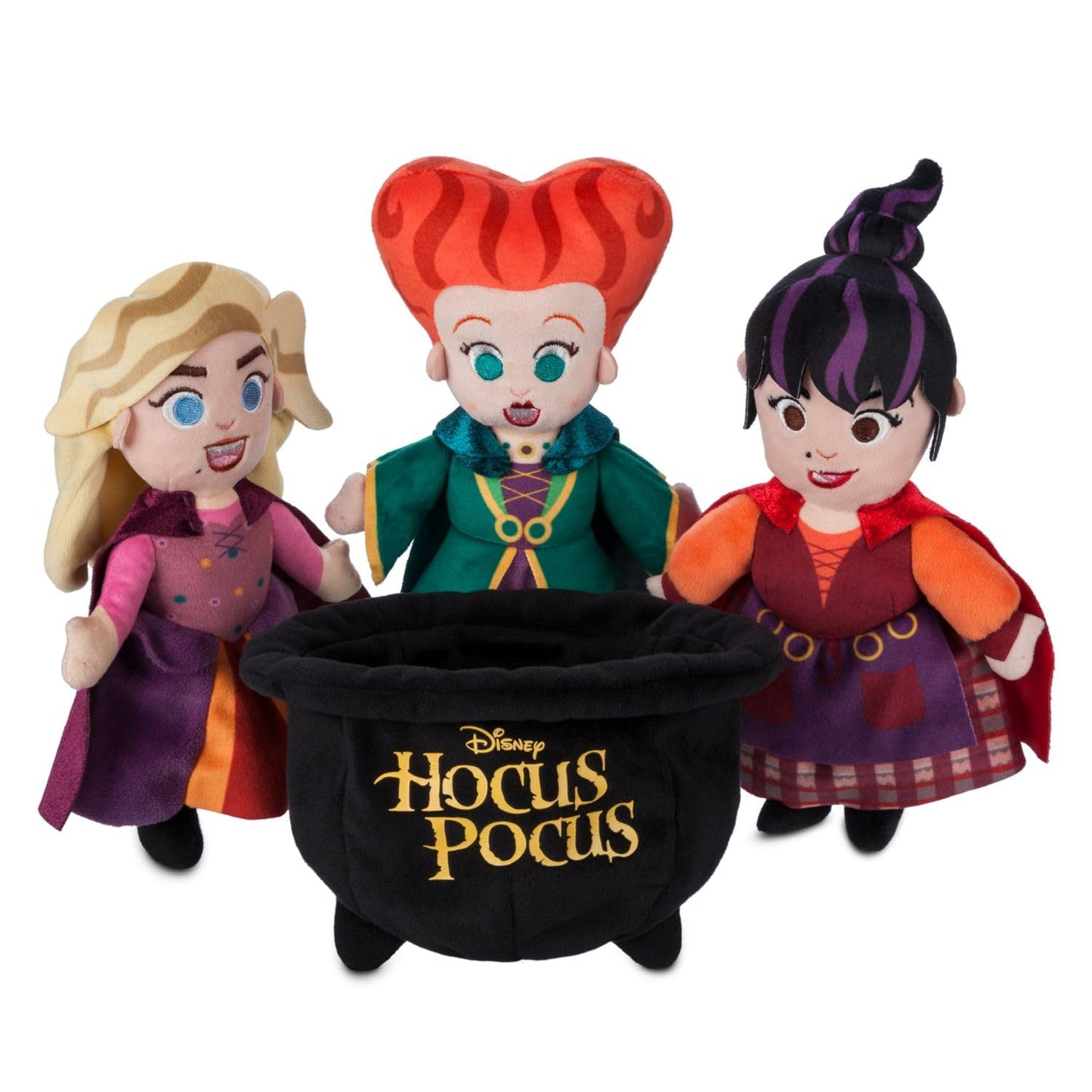 Disney Store Hocus Pocus Sanderson Sisters Plush Doll Set - Sarah, Mary & Winifred - Detailed Plush Sculpting, Shimmering Capes, Soft Velour Cauldron