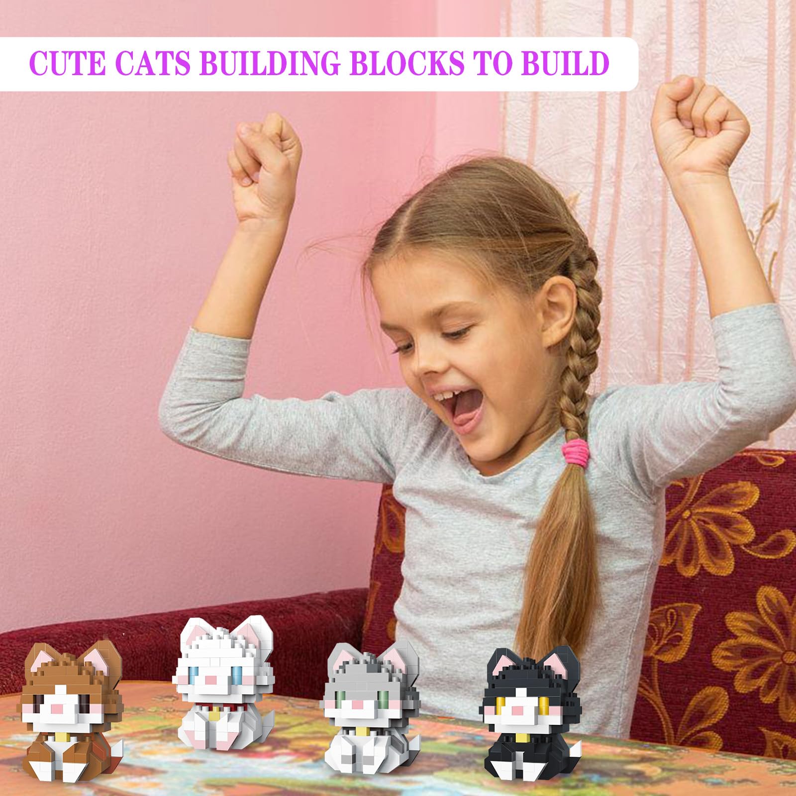 QISHOUTING 9 Packs Mini Cats Building Blocks, 9 Styles Small Cute Cat Building Set,Miniature Cat Figurine Toys for Adults Women,Birthday Party Favors