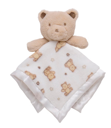 Plush Rattle Baby Snuggle Blanket with Satin, Bear Print, Tan Teddy Bear Toy, 14 inch