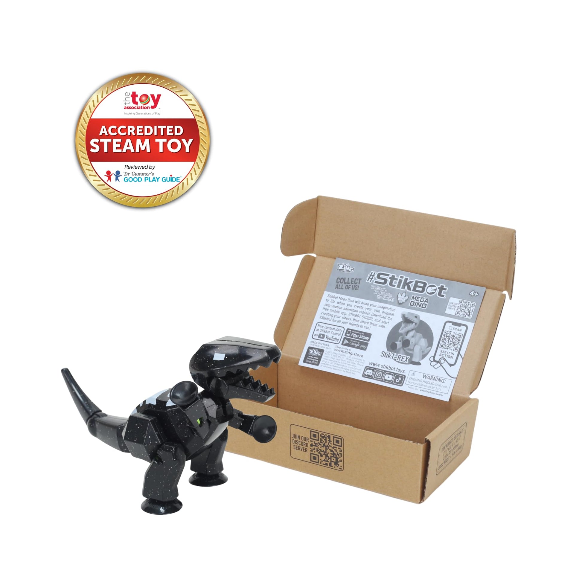Zing Stikbot MEGA Dino Space Black T-REX - 6" Poseable Dinosaur Figure with Suction Cups, Stop Motion Animation Toy for Kids Ages 4+