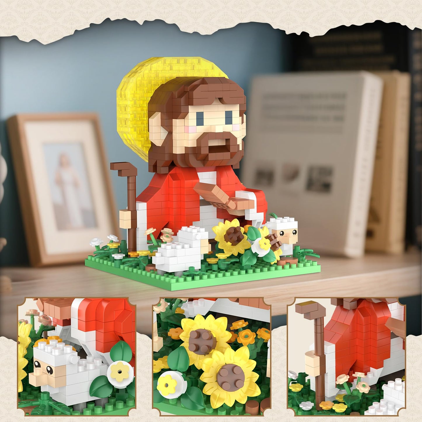 Vziimo Jesus and Flowers Building Set, Little Jesus Figurines with Sunflower, Sheep & LED Halo, Christian Toys Gifts for Adults, Teens Age 14+ (689