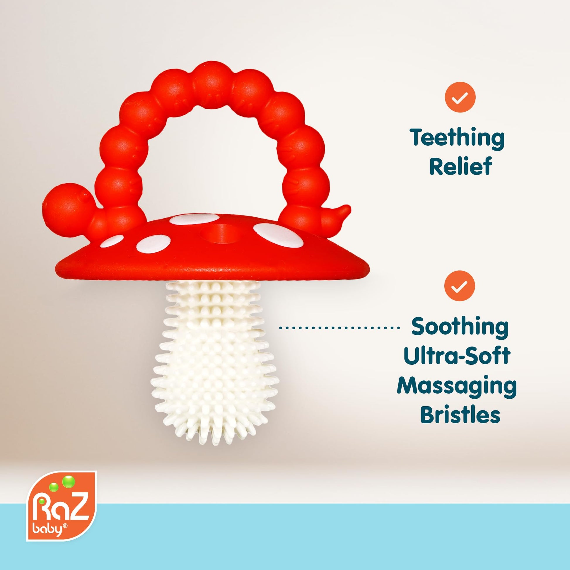 RaZbaby Soft Silicone Infant & Baby 3M+ Teether Toy Massaging Bristles Teething Relief Pacifier - Soothes Sore Gums - Hands-Free & Easy-to-Hold Chompy