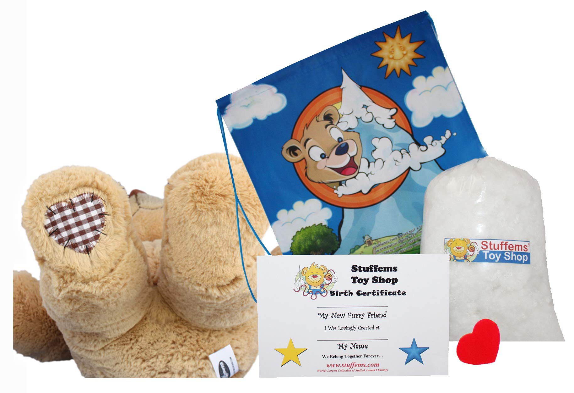 Stuffems Toy Shop Make Your Own Stuffed Animal 16" "Brown Patches Bear - No Sew - Kit with Cute Backpack!