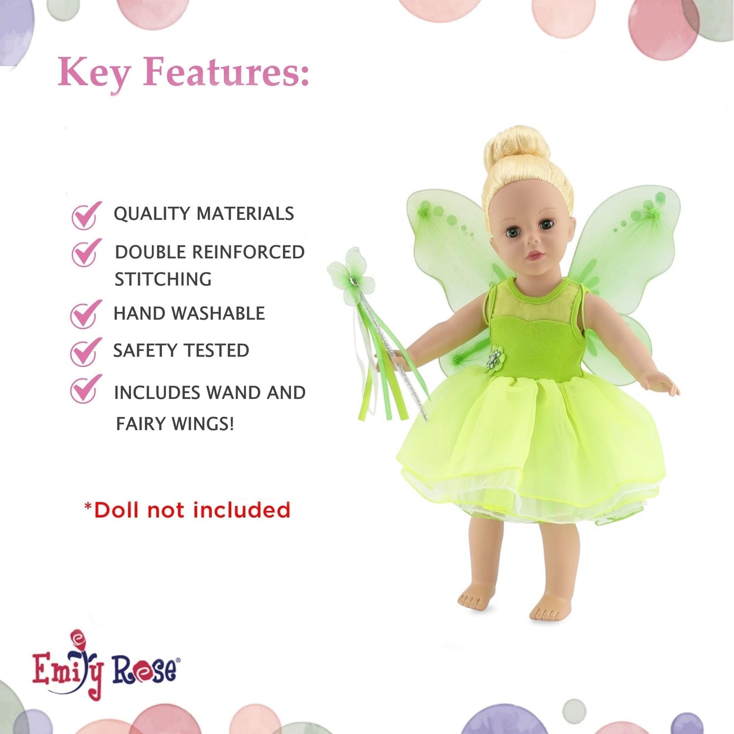 Emily Rose 18 Inch Doll Clothes 3 PC Halloween Magical Fairy Princess Fairytale Costume Set | 18" Doll Clothing Outfit with Accessories | USA Business