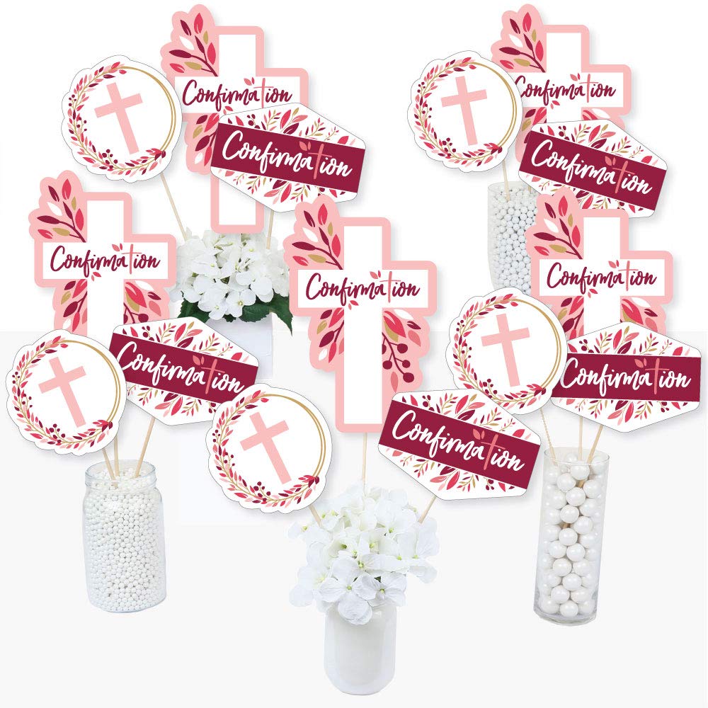 Big Dot of Happiness Confirmation Pink Elegant Cross - Girl Religious Party Centerpiece Sticks - Table Toppers - Set of 15