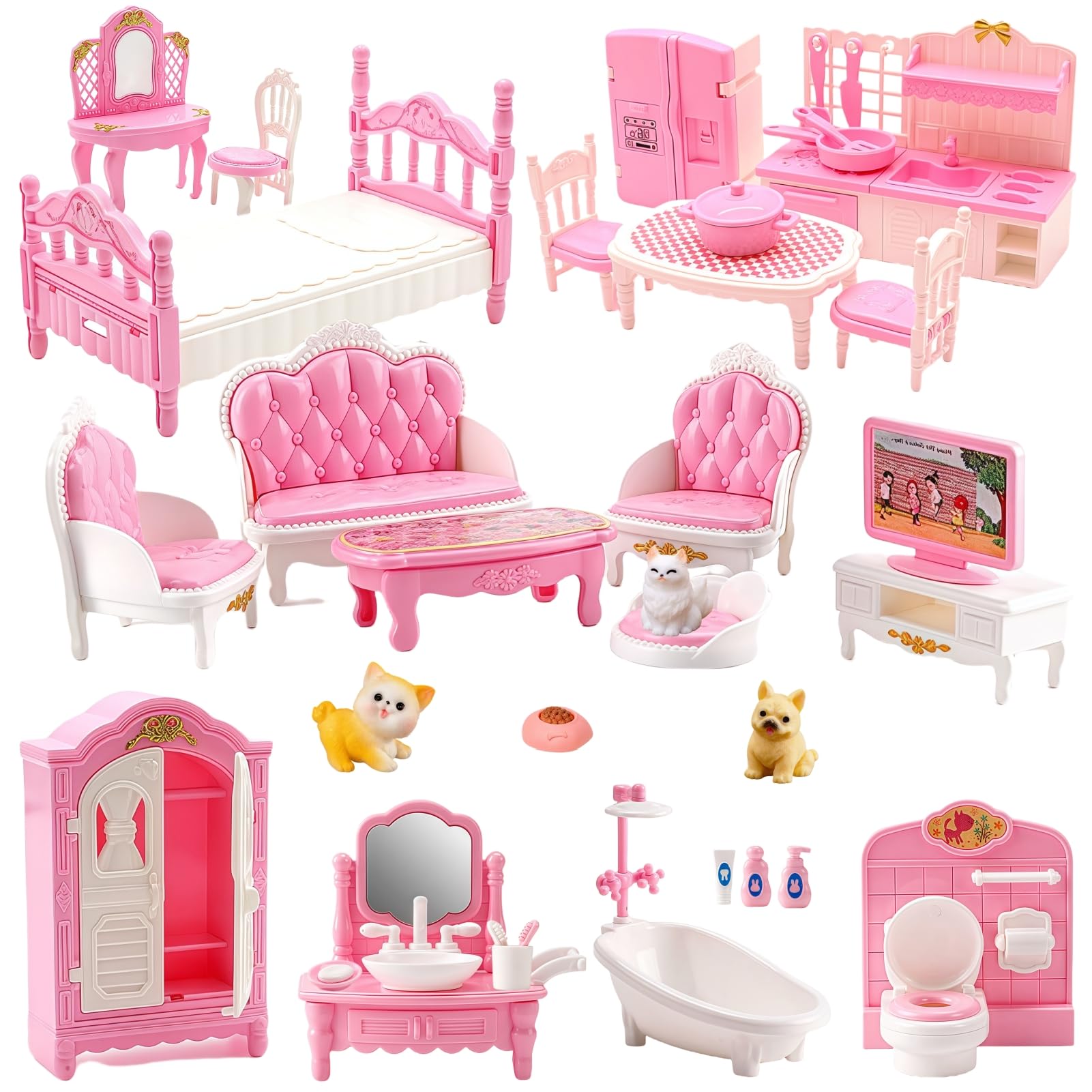 36Pcs Dollhouse Furniture Sets,Miniature 1:12 Scale Doll House Accessories and Furniture with Cat,Dog,Kitchen, Dining Room, Living Room,Bedroom