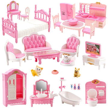 36Pcs Dollhouse Furniture Sets,Miniature 1:12 Scale Doll House Accessories and Furniture with Cat,Dog,Kitchen, Dining Room, Living Room,Bedroom