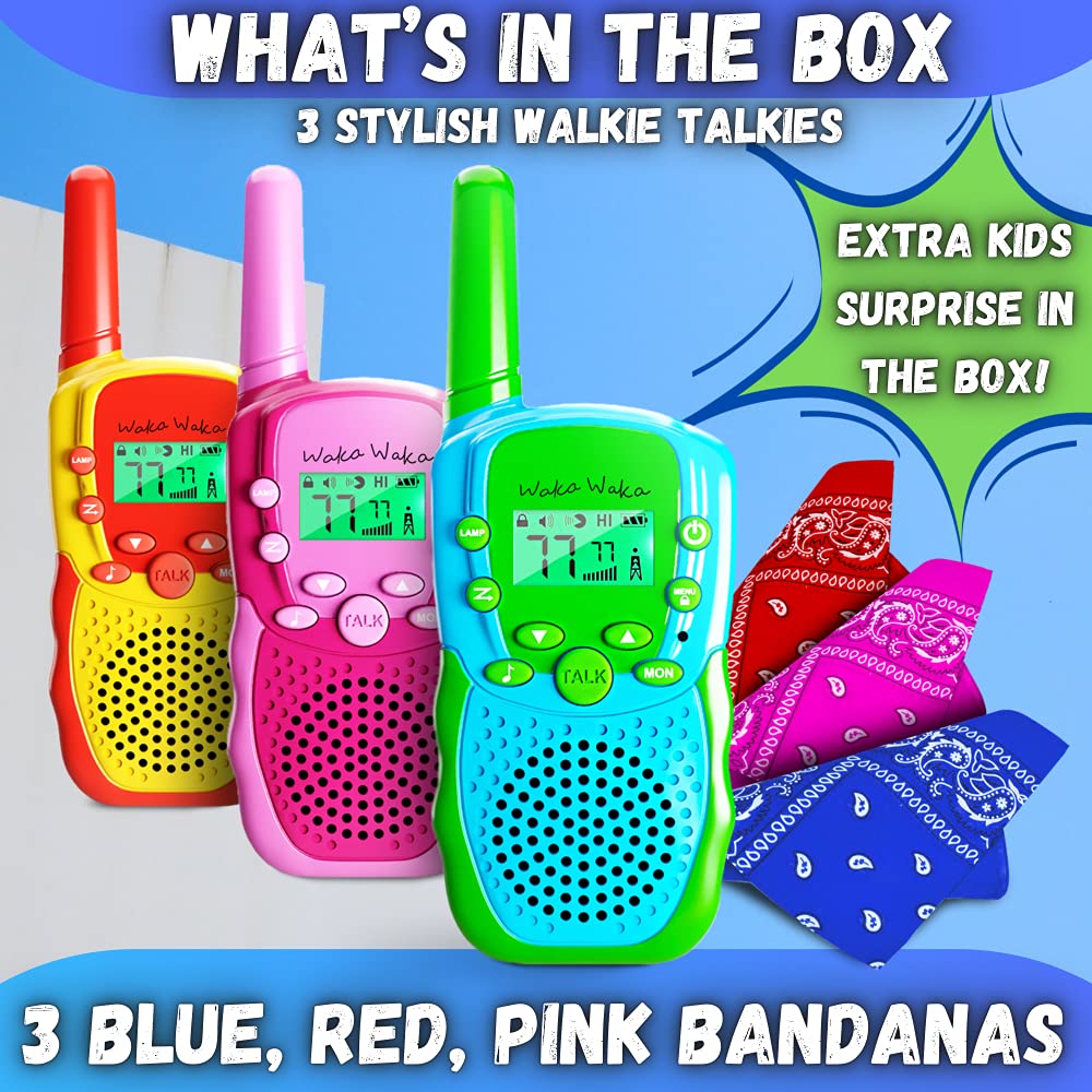 Waka Waka Walkie Talkies for Kids (3 Pack, Yellow, Red, Green) - Long Range Two-Way Walkie Talkie Set with Bandanas and Whistles Included - Great for