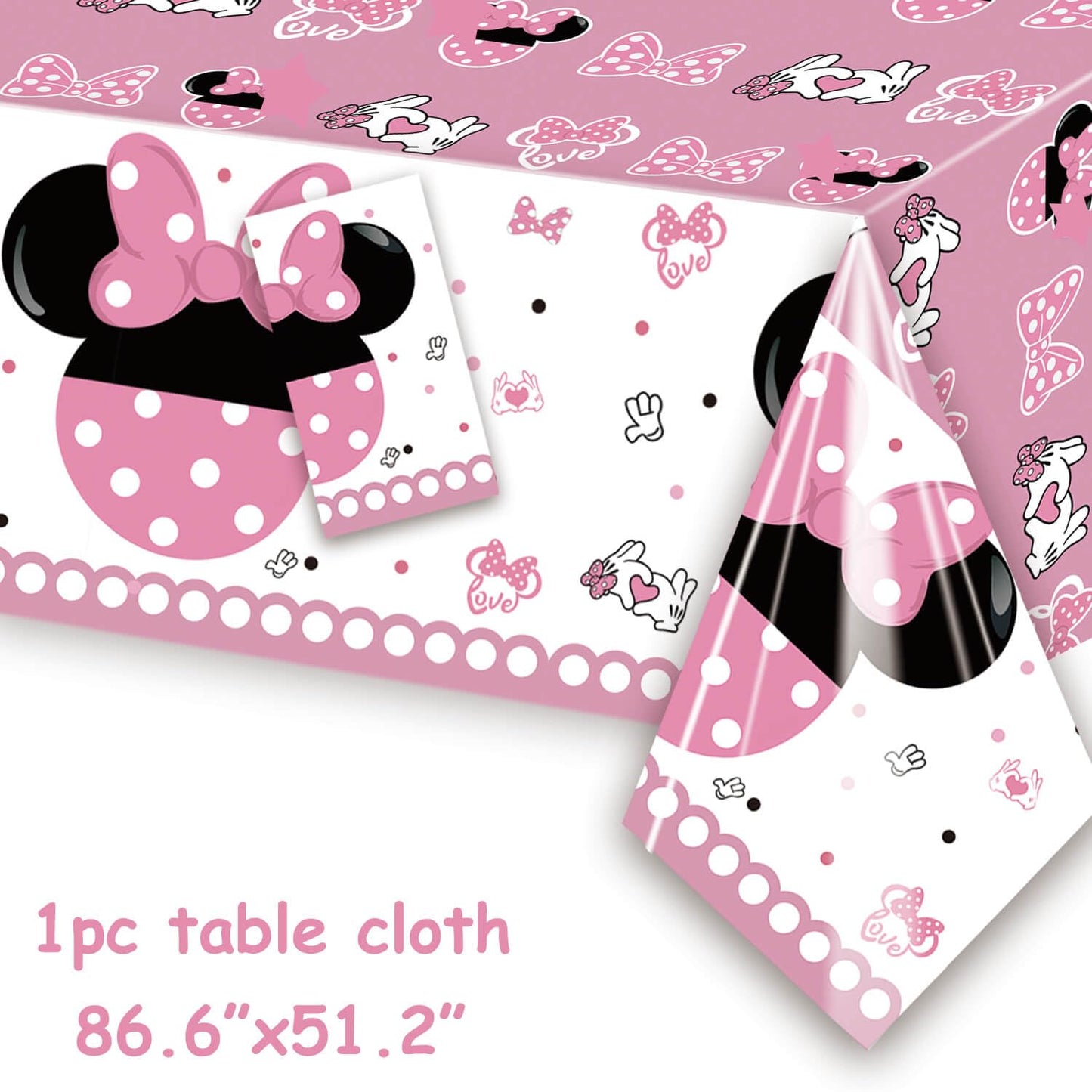51 Pack Pink Cartoon Birthday Party Tableware Kit - Dessert Plates Napkins Tablecloth Tableware Kit for Girls 1st 2nd 3rd 4th 5th 6th Birthday Party