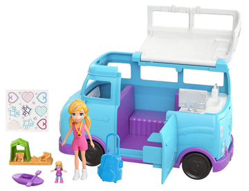 Polly Pocket Glamping Van with Dual Camping for 3-inch Polly Doll & Micro Polly Doll; Van Opens to Living Area & Trunk Opens to Micro Living Area Plus