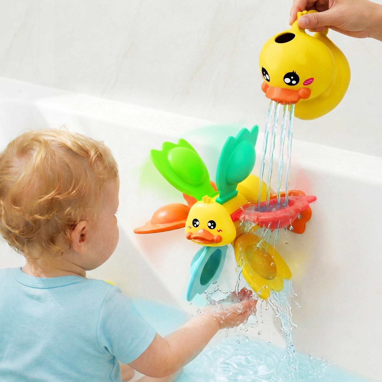 iPlay, iLearn Baby Duck Bath Toy, Toddler Bathtub Shower Toy W/ Suction Spin Gear, Floating Animals, Fishing Net Pool Water Play, Birthday Easter Gift