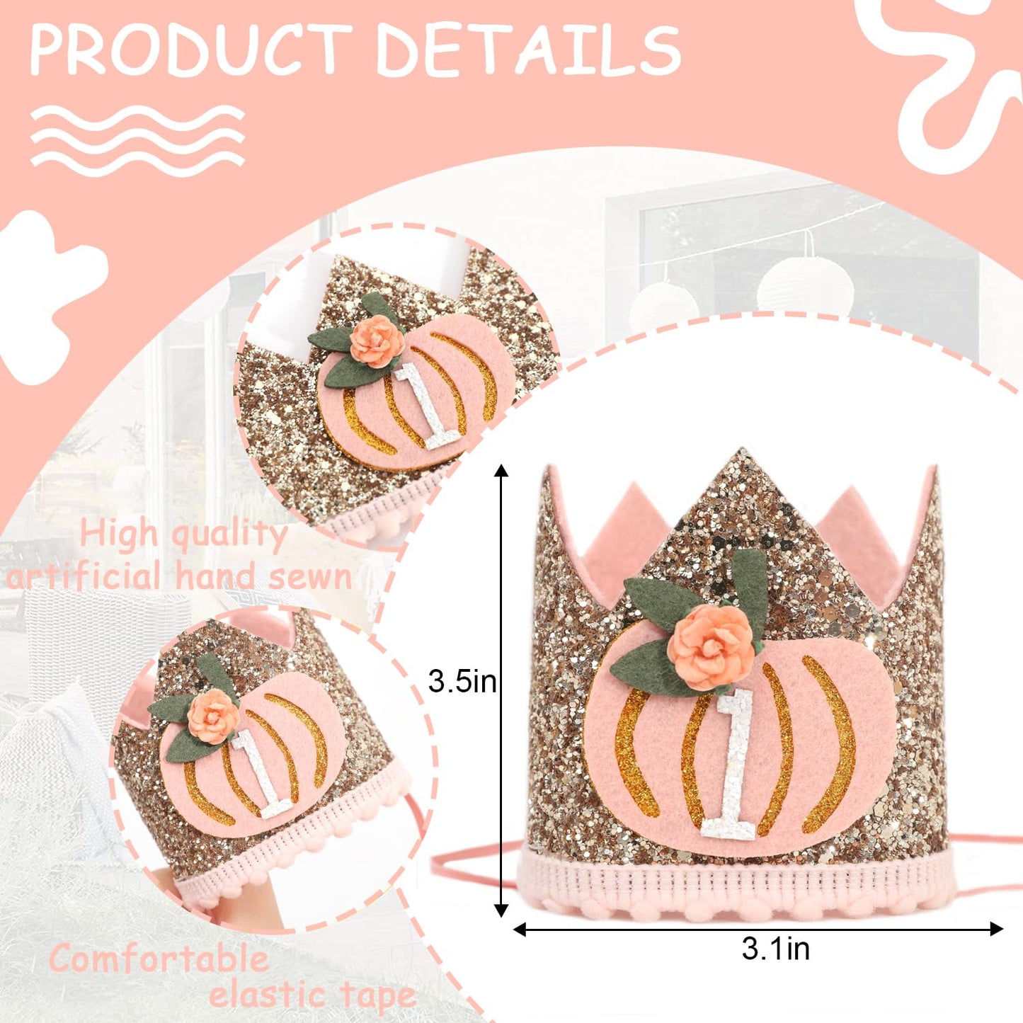 Agvgaza Pumpkin First Birthday Crown - Floral Pumpkin Theme One Birthday Hat, Golden Glitter Hat for Halloween Harvest Photo Prop