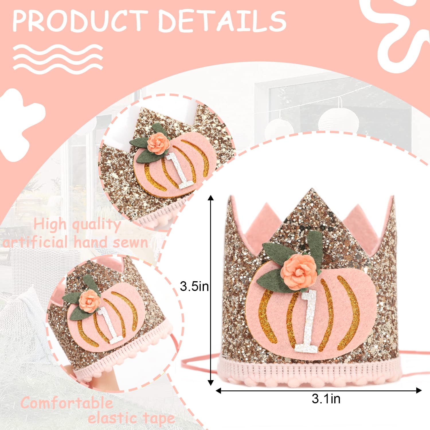 Agvgaza Pumpkin First Birthday Crown - Floral Pumpkin Theme One Birthday Hat, Golden Glitter Hat for Halloween Harvest Photo Prop