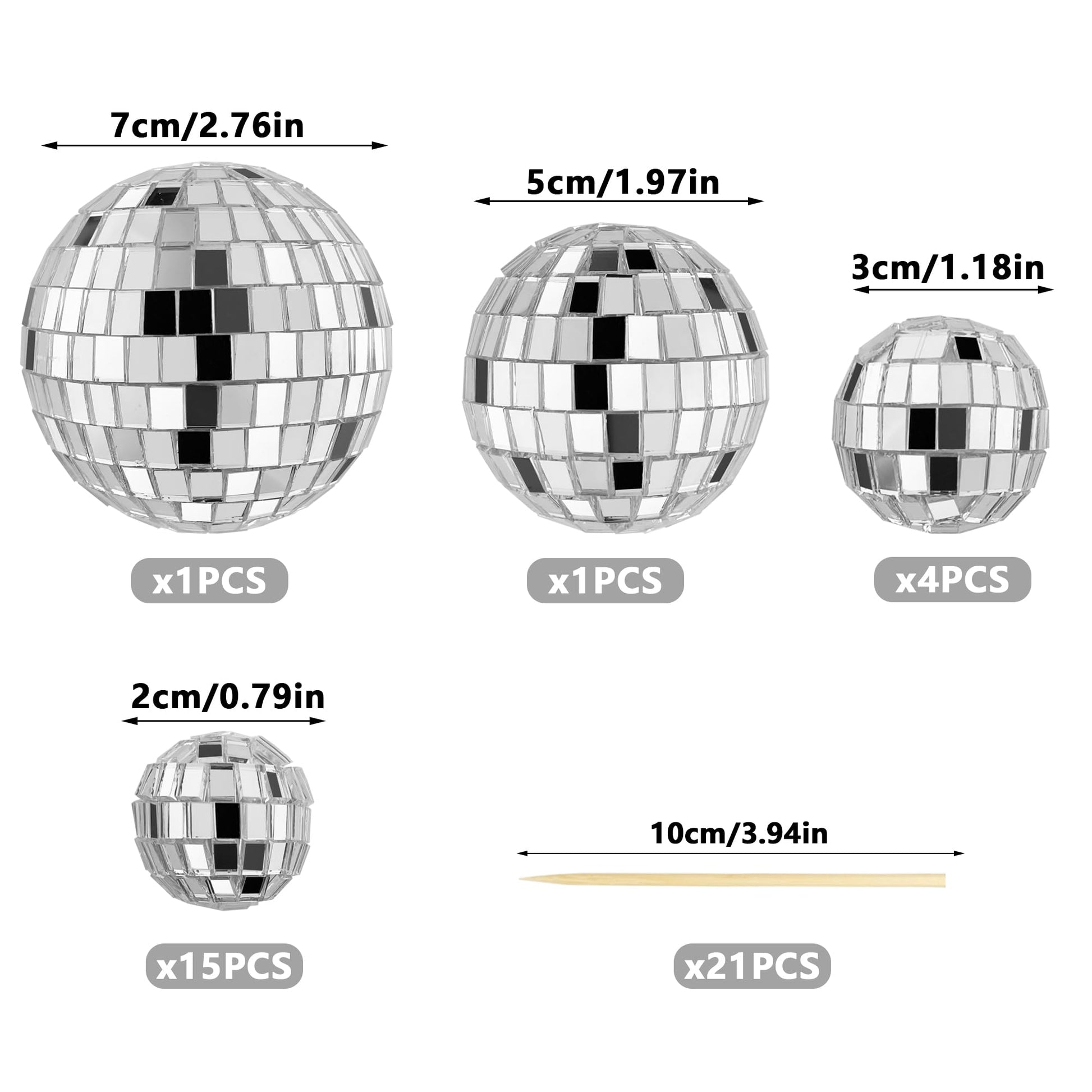 21 PCS DIY Disco Ball Cupcake Toppers Reflective Mirror Ball Cake Decorations for Disco Theme Party Ornament 0.79in 1.18in 1.97in 2.76in
