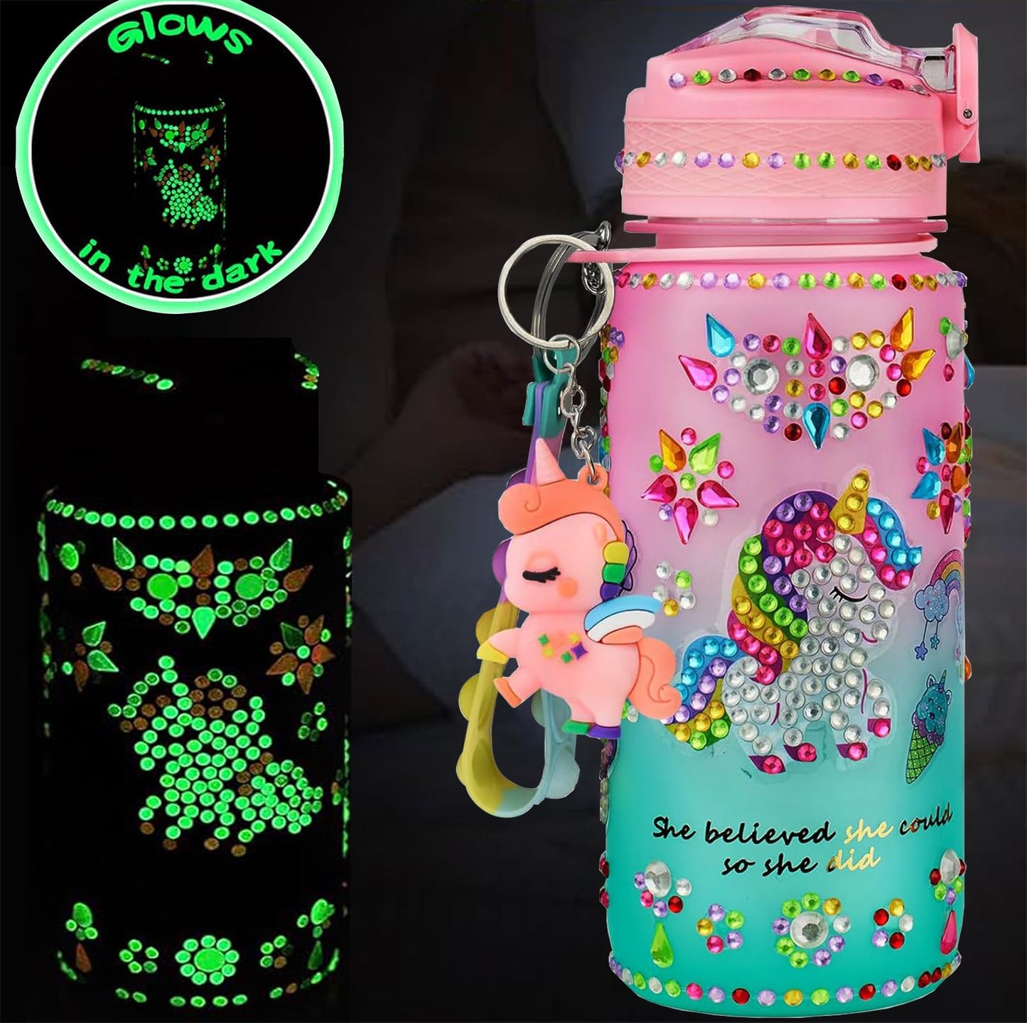 Bemetu Glow in the Dark Decorate Your Own Water Bottle Kits for Girls Age 4 5 6 7 8 9 10, Unicorn Diamond Painting Crafts Stickers, Fun Arts