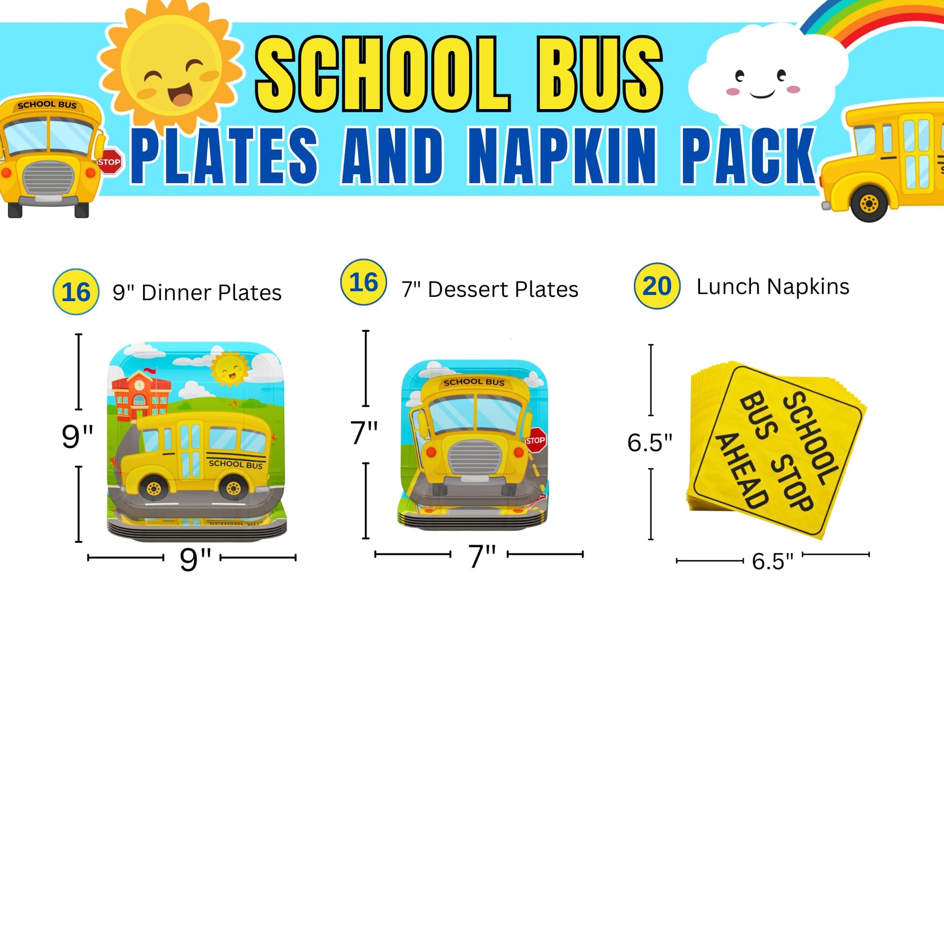 Blue Orchards School Bus Party Plates and Napkins (52 pieces for 16 Guests) - School Bus Party Supplies, School Bus Birthday Plates and Napkins