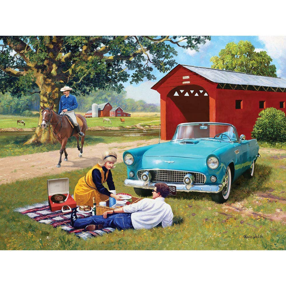 Bits and Pieces - 500 Piece Jigsaw Puzzle for Adults 18" x 24" - T Bird Summer - 500 pc Romantic Couple Picnic Country Dirt Road Horse Bridge Farm