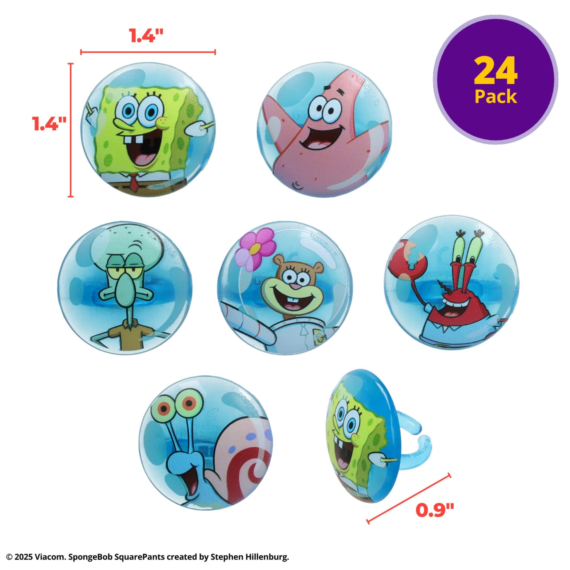 DecoPac SpongeBob SquarePants Rings, SpongeBob Cupcake Toppers Featuring SpongeBob, Patrick, Gary, Mr. Krabs, Sandy Cheeks, And Squidward - 24 Pack