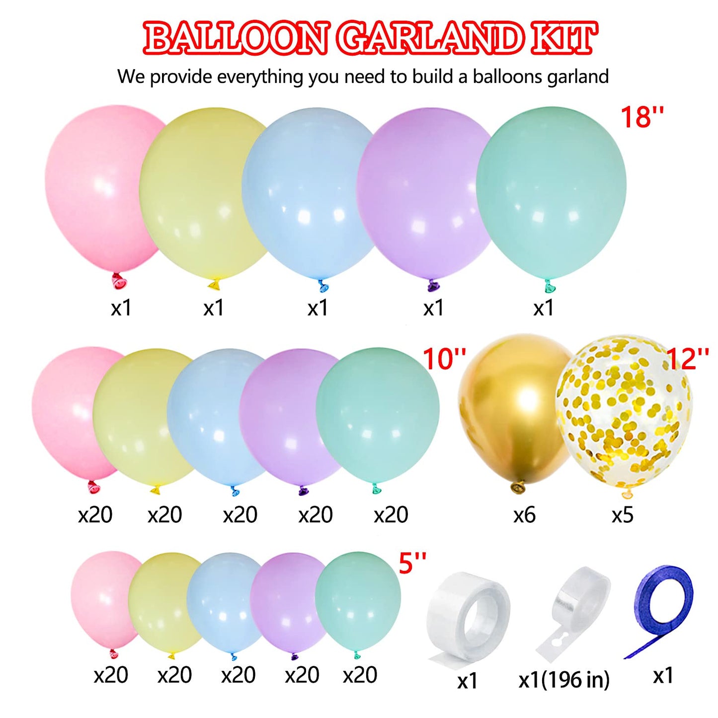 KAWKALSH 219Pcs Rainbow Balloons Garland Arch Kit Different Sizes Latex Balloons Assorted Pastel Party Balloons Arch for Birthday Baby Shower Wedding