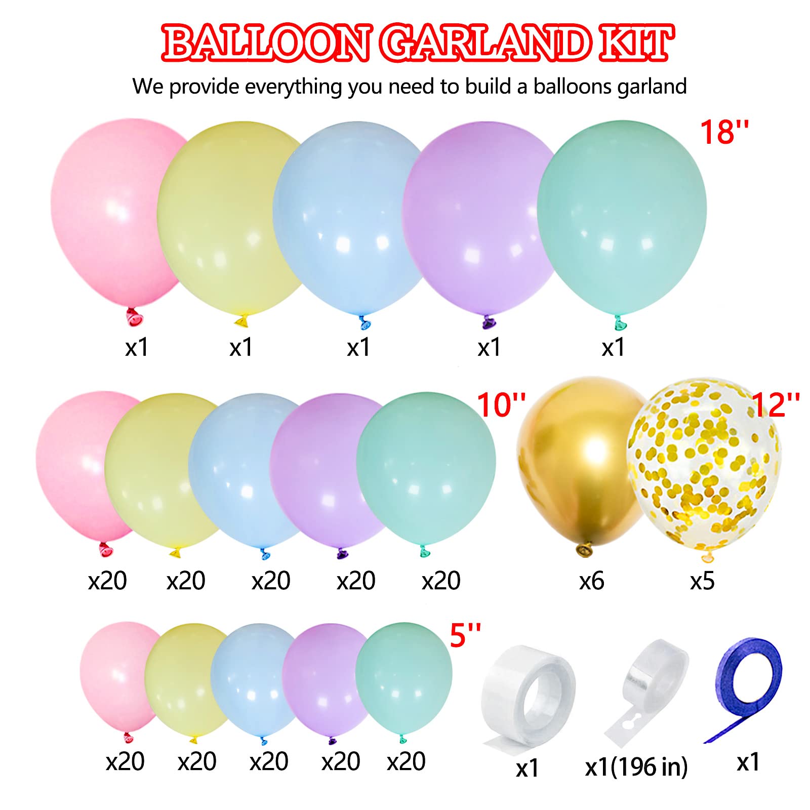 KAWKALSH 219Pcs Rainbow Balloons Garland Arch Kit Different Sizes Latex Balloons Assorted Pastel Party Balloons Arch for Birthday Baby Shower Wedding