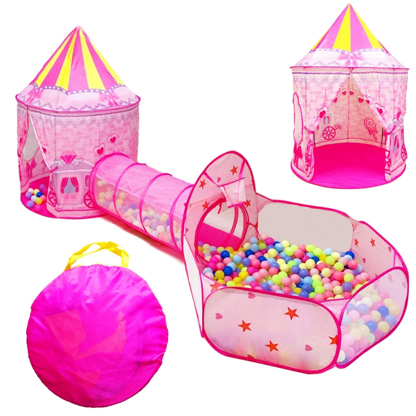 LOJETON 3pc Princess Fairy Tale Kids Play Tent, Oval Crawl Tunnel, Ball Pit for Toddlers, Indoor Outdoor Playhouse Castle Toys, Baby Boys Girls for 3