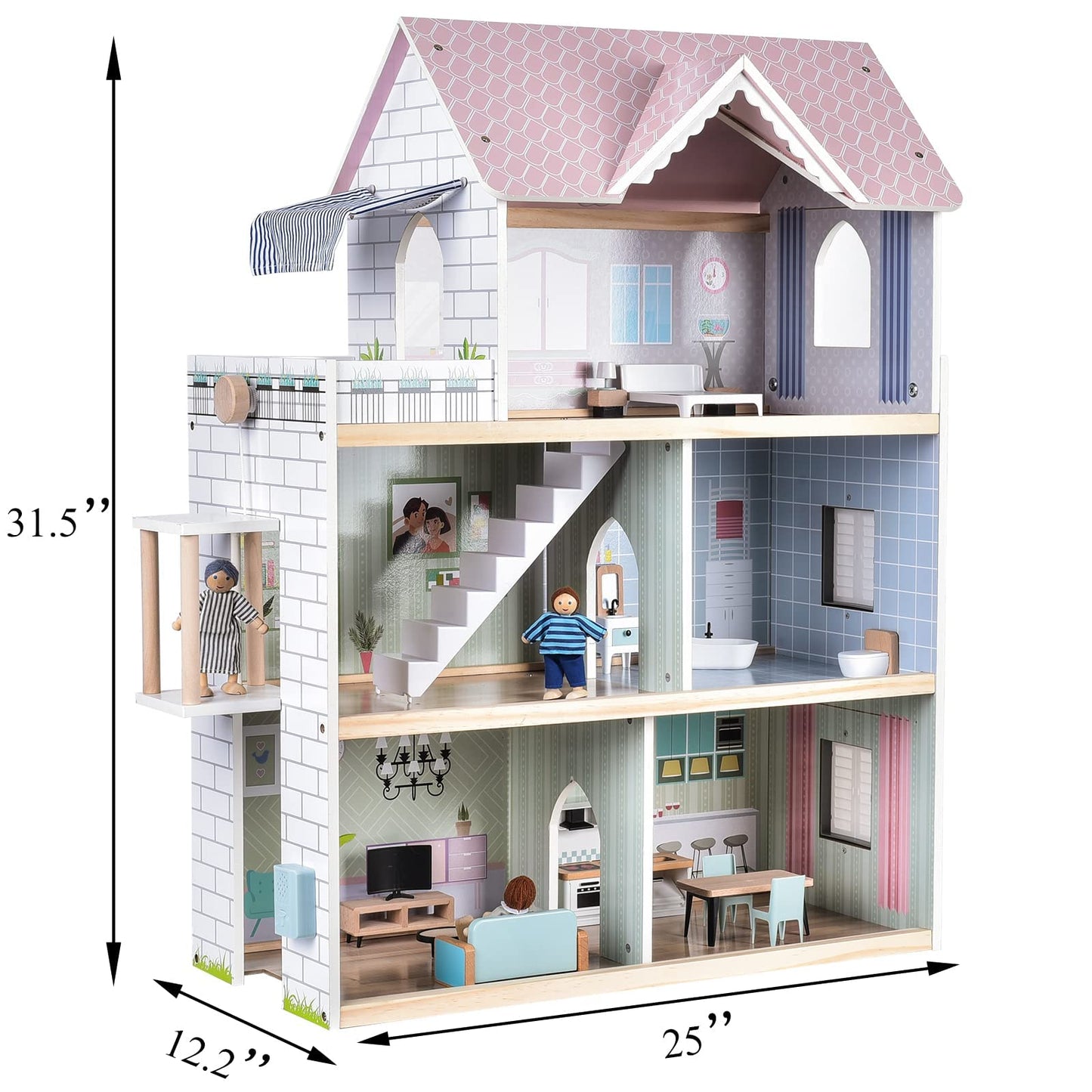Giant bean Large Pink Wooden Dollhouse with Furniture for Girls with Doorbell, Light,Elevator, 6 Rooms 2.6ft High,17Pcs Furniture & 3 Dolls, Kids