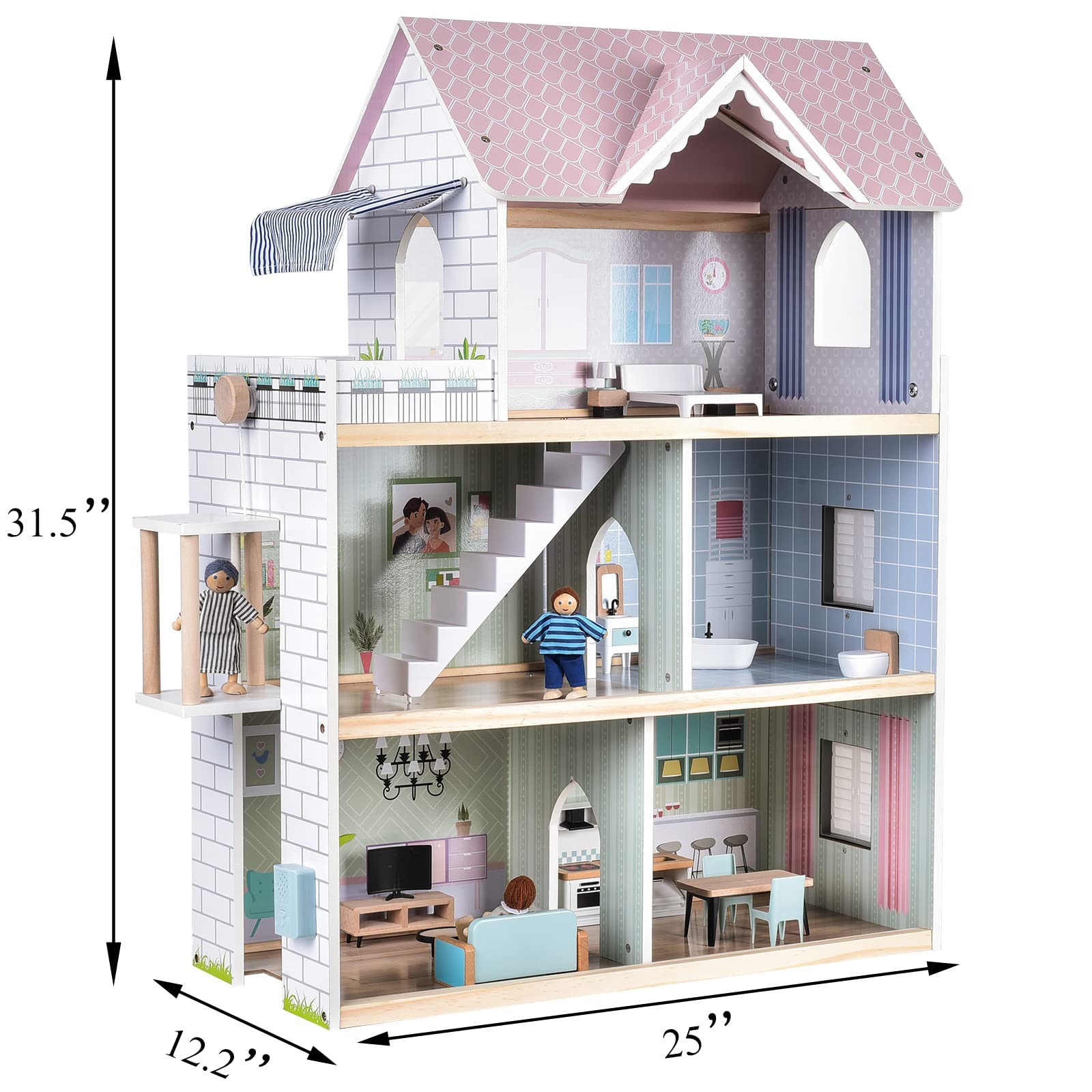Giant bean Large Pink Wooden Dollhouse with Furniture for Girls with Doorbell, Light,Elevator, 6 Rooms 2.6ft High,17Pcs Furniture & 3 Dolls, Kids