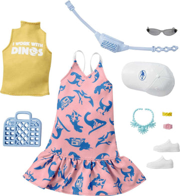 Barbie Clothing & Accessories Inspired by Jurassic World 10 Storytelling Pieces Dolls: Sleeveless Top & Sundress Tote, Hat, Fanny Pack, Sunglasses &
