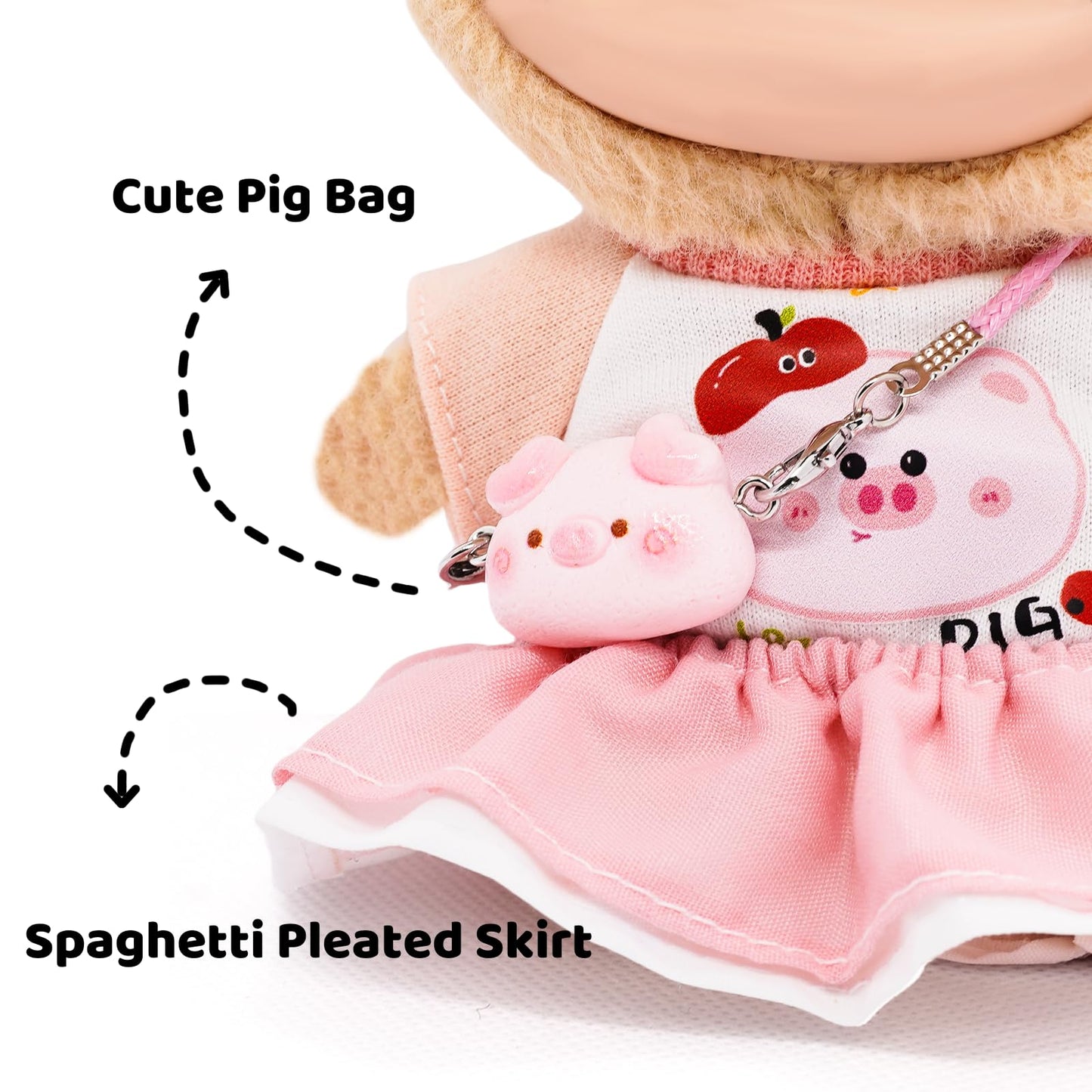Collectors Clothes for 17cm Dolls Pink Cute Style 4 Piece Set Including a Bow, Shirt, Skirt, and Piglet Bag, Accessories for Play & Display