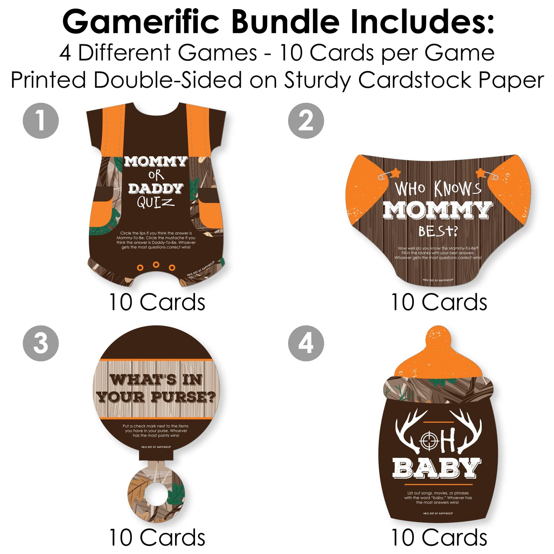 Big Dot of Happiness Gone Hunting - 4 Deer Hunting Camo Baby Shower Games - 10 Cards Each - Gamerific Bundle
