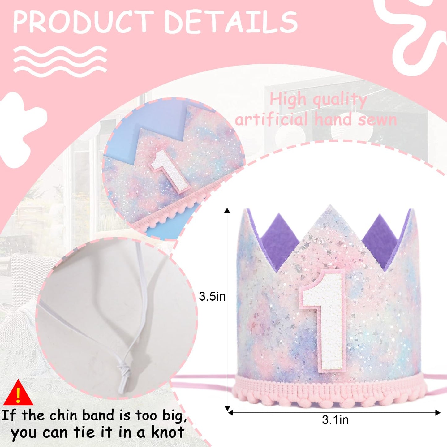 YOUAME Baby Girl First Birthday Decorations - Pastel Rainbow 1st Birthday Crown?Space Theme Cake Smash Party Hat,Pastel Rainbow Glitter Mini Party