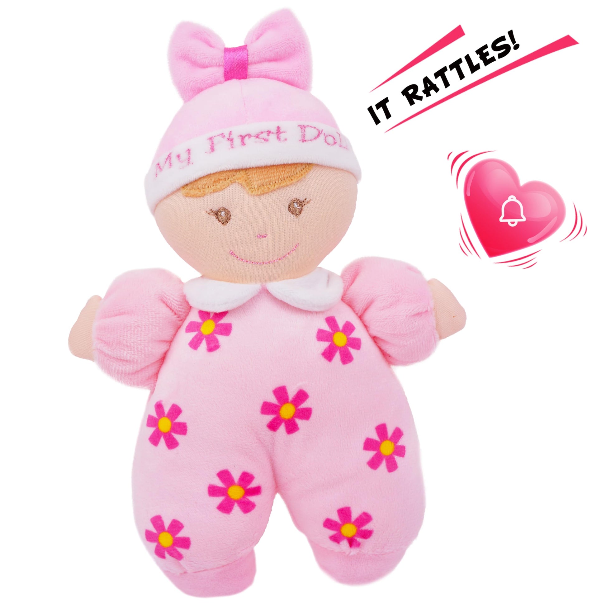 June Garden 9" My First Doll Sienna - Soft Plush Baby Doll with Rattle - Pink Outfit