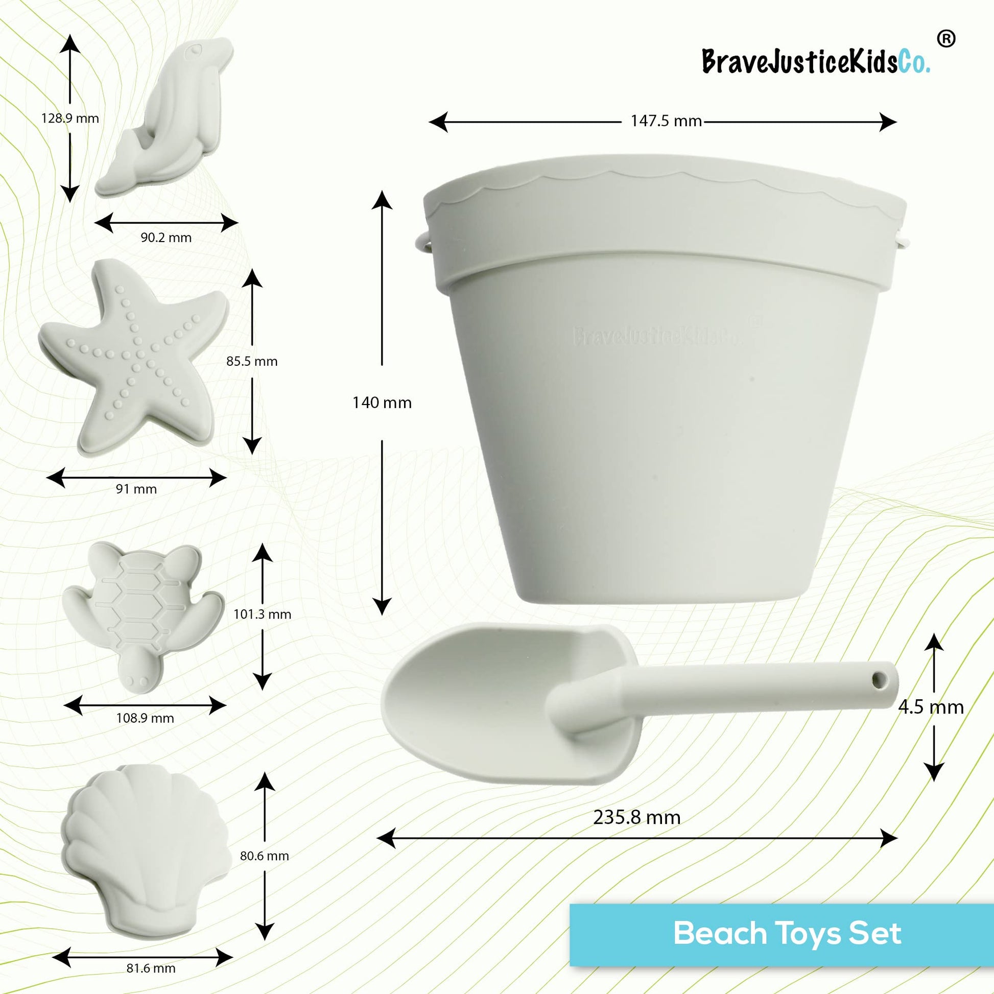 BraveJusticeKidsCo. Silicone Beach Toys - Modern Baby Travel Friendly Beach Set | Bucket, Shovel, 4 Sand Molds, Bag | Sand Toys for Toddlers, Kids
