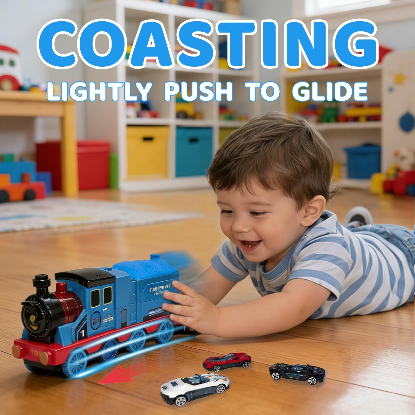 Transforming Engine Train Set for Kids & Toy Car Catapult, Back Folds Out to Secret Garage for Mini Cars, Shoot and Race Fun, Preschool Festival Train