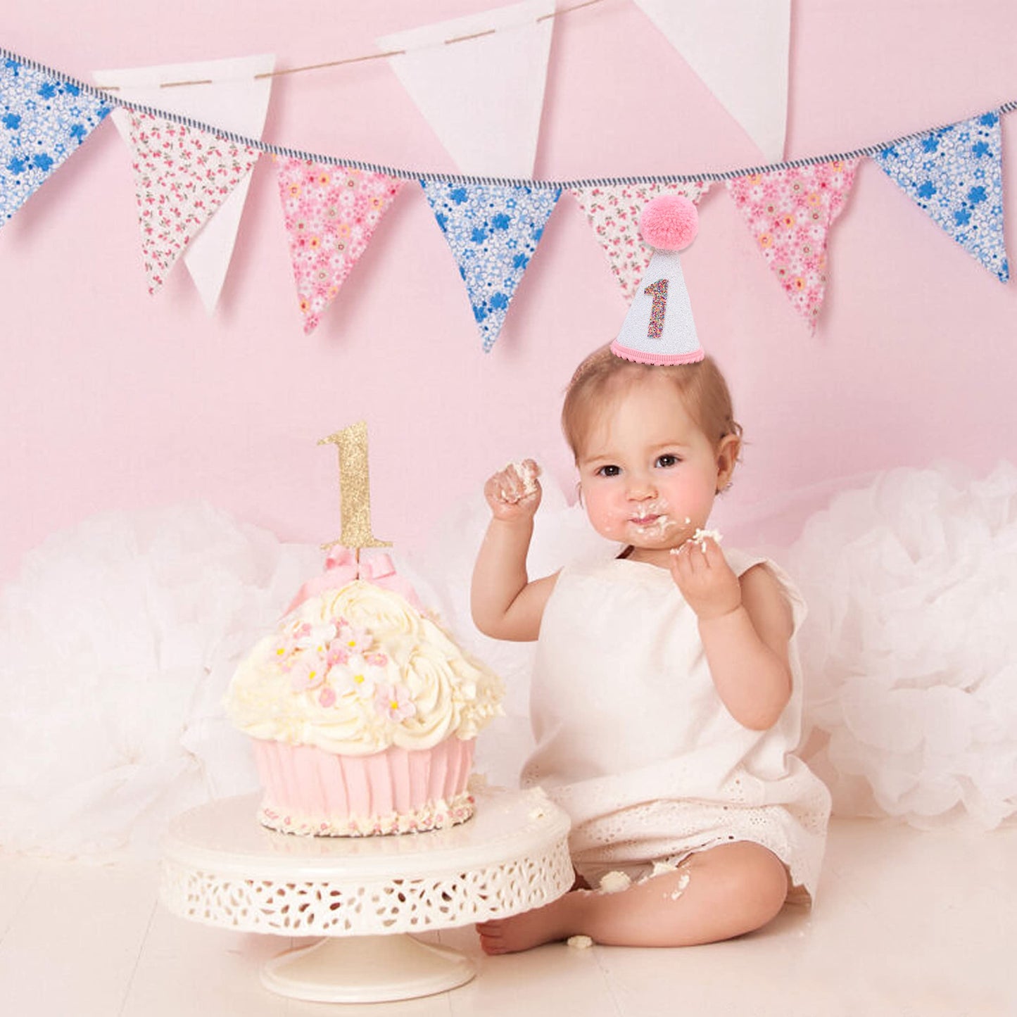 LINLULU First Birthday Hat with Pink Pom Topper - Glitter White Hat, 1st Birthday Cake Smash Photo Prop, Pink Girl Decoration