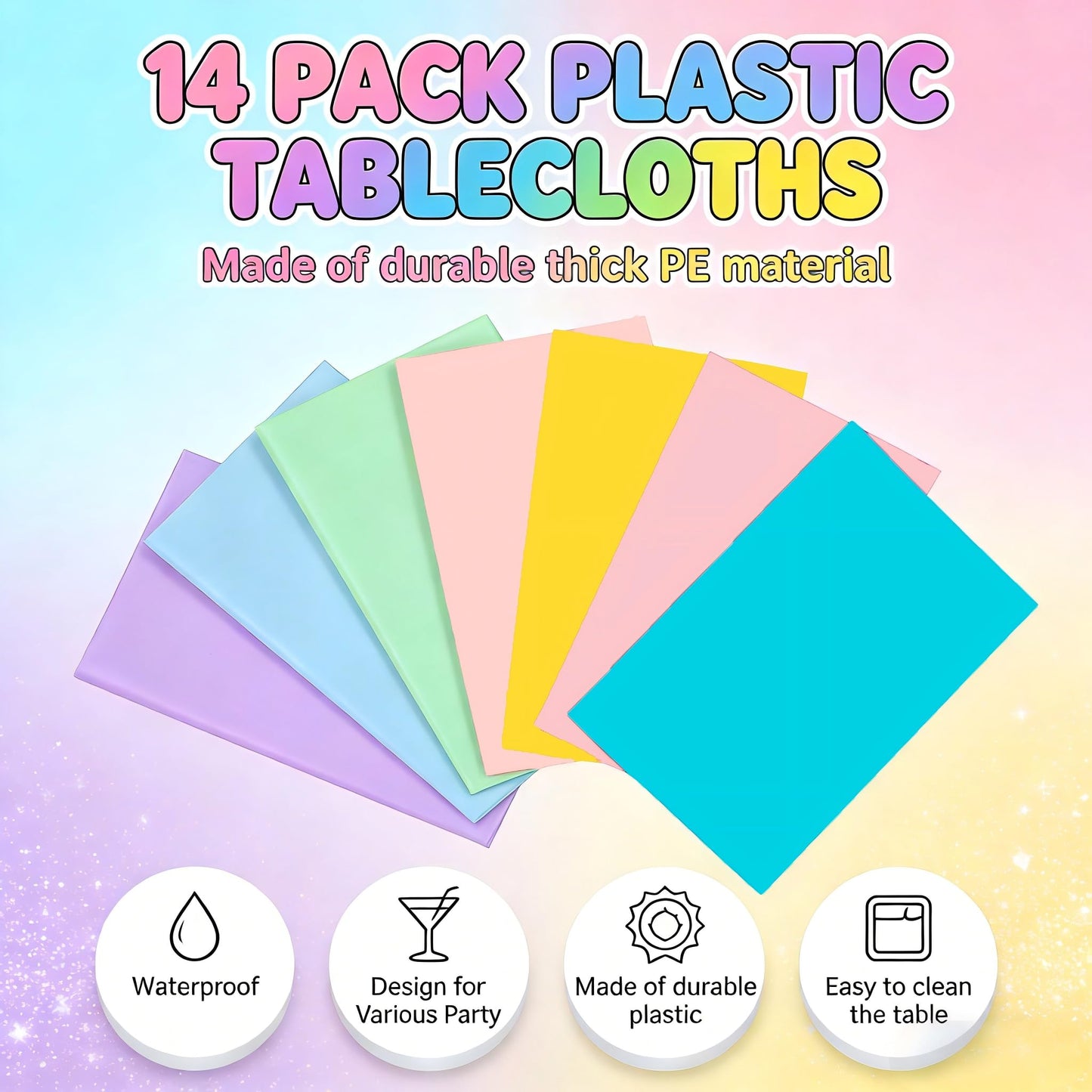 TUZIANAN 14 Pack Pastel Tablecloth,Plastic Table Cloths 54x108 Inch Rainbow Tablecloth Disposable Rectangle Table Cover for Birthday Baby Shower