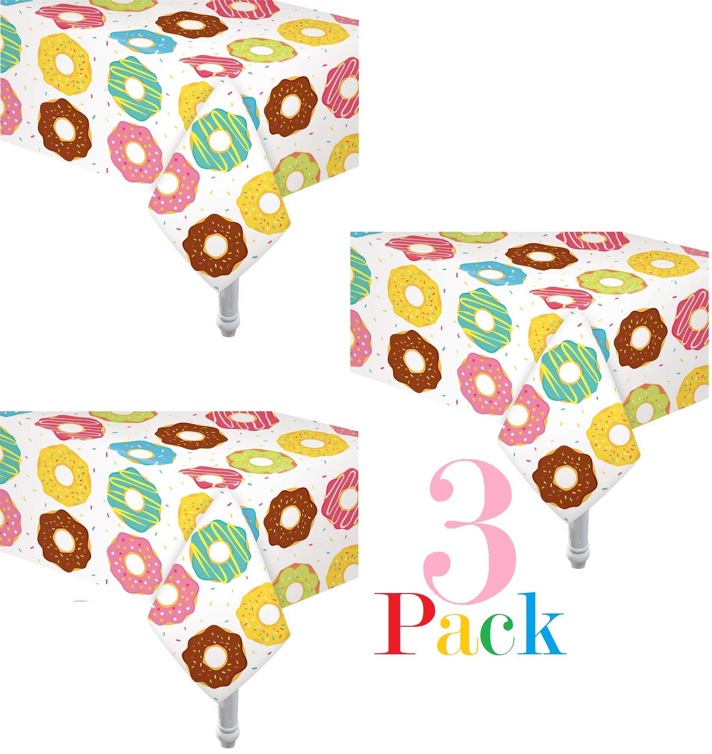 Oojami 3 Pack Donut Theme Table Cover Donut Theme Tablecloth Party Supplies Ideal for Birthday Parties, Baby Showers, Donut Party Includes 6 Donut