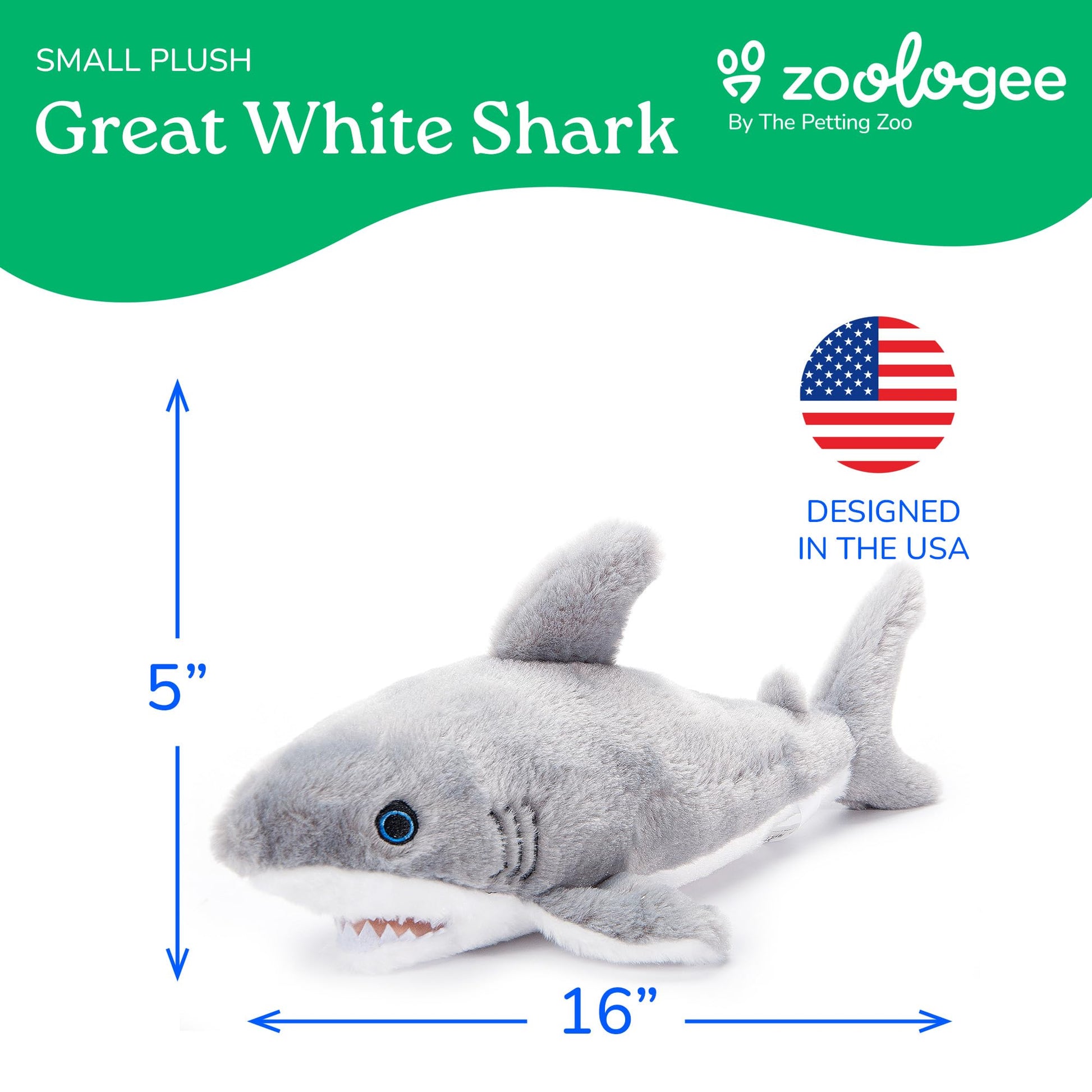 The Petting Zoo Great White Shark Stuffed Animal Plushie, Gifts for Kids, Earth Keeperz Sealife Animals, Zoologee Grey Great White Shark Plush Toy, 16