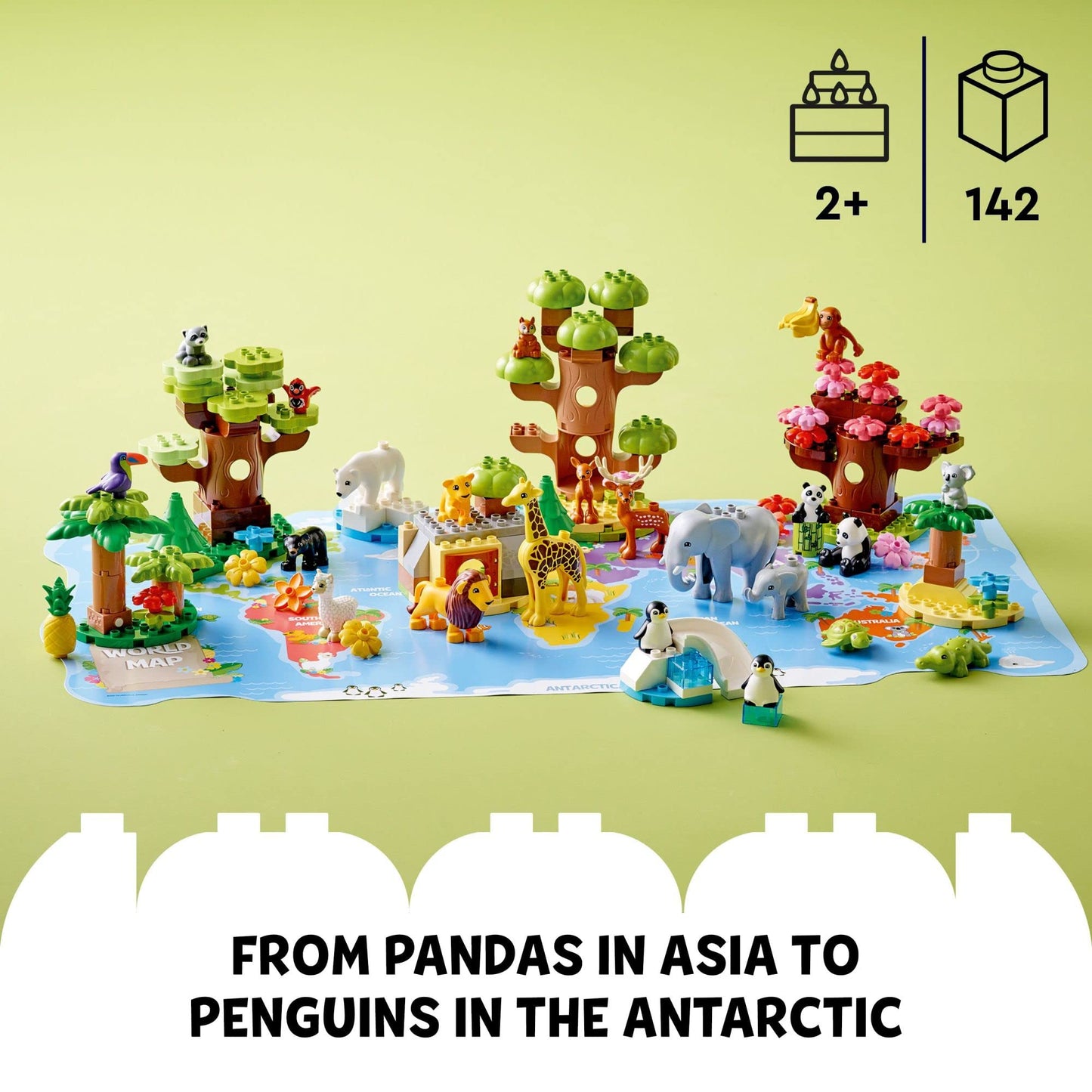LEGO DUPLO Wild Animals of The World Building Set, Includes Sounds, World Map Playmat, 22 Animal Figures, Educational Gift, Learning Toy for Girls &